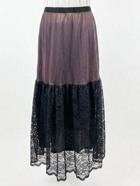 Vintage Satin Lace Petticoat Skirt Slip Purple Black Layered Long Maxi Medium
